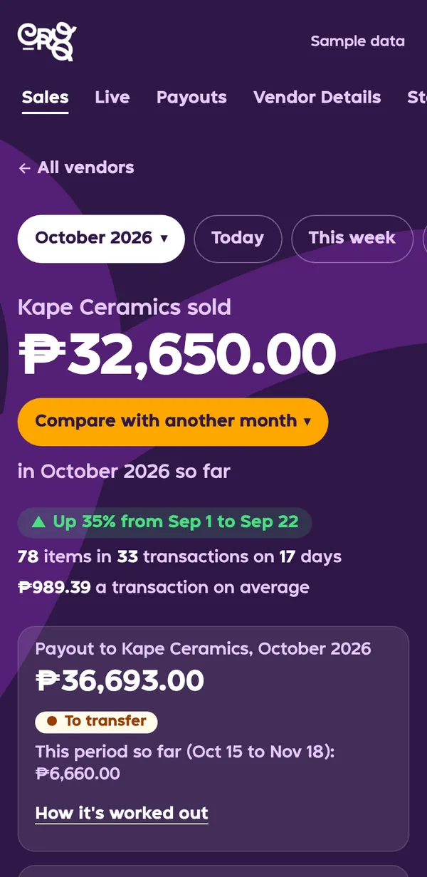 A vendor’s sales on a phone: ₱32,650 sold in October and a ₱36,693 payout to transfer.